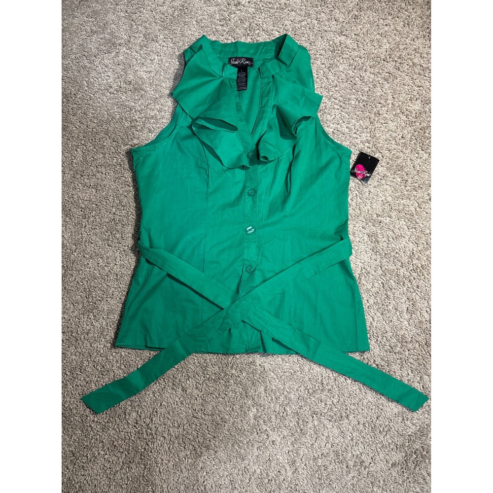 Vintage Susie Rose Kelly Green Ruffle Neck Sleeveless Cotton Belted Blouse Top L